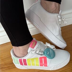 Puma White Sneakers with Pink and Green Accents